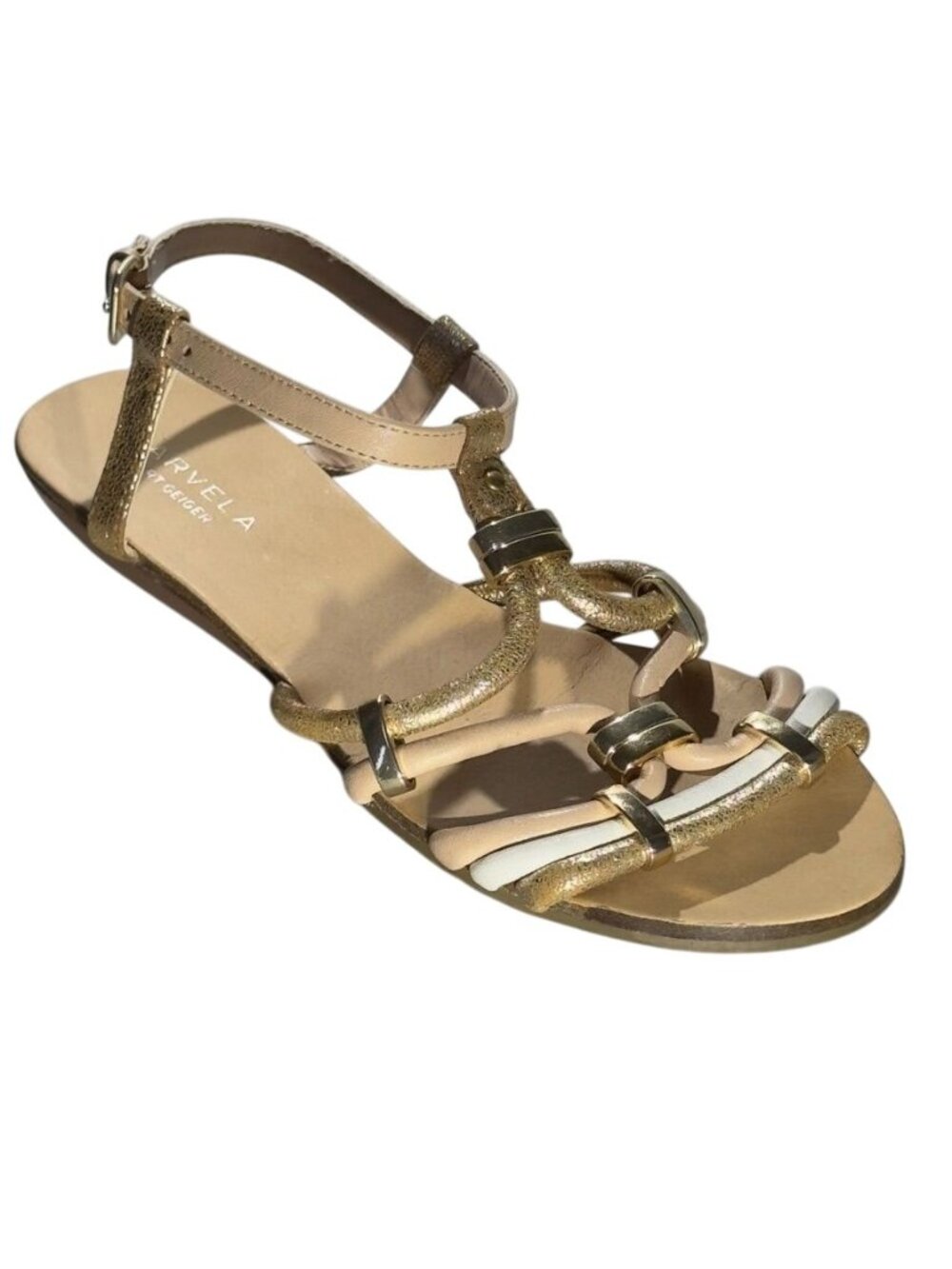 CARVELA Kurt Geiger Gold Cream Strappy Sandals Womens Leather Flats Size 7
